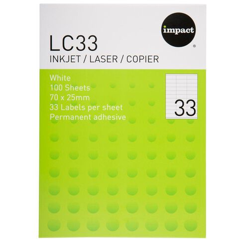 Impact Labels 100 Sheets A4 White 33 x 70mm x 25mm
