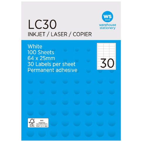 WS Labels 100 Sheets A4  30 x 64mm x 25mm