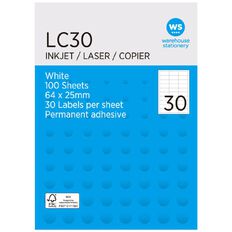 WS Labels 100 Sheets A4 30 x 64mm x 25mm