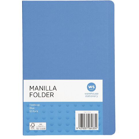 WS Manilla Folders Foolscap 10 Pack Blue Mid