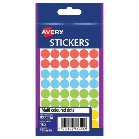 Avery Assorted Dot Stickers 12mm diameter 162 Labels | Warehouse Stationery, NZ
