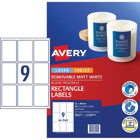 Avery Removable Matt Rectangle Labels 62 x 89 mm 90 Labels