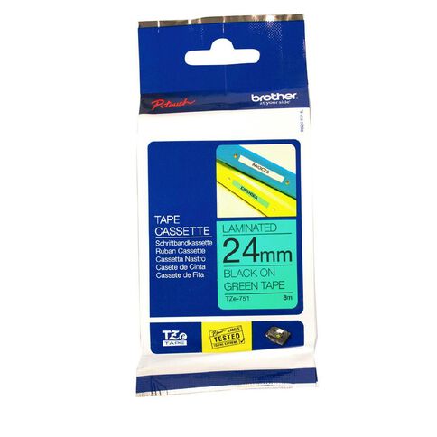 Brother TZE751 Laminated Tape Black On Green 24mm x 8m