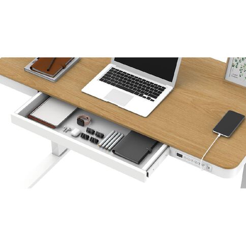 Workspace 1200mm Adj Desk Wood Look Top White Legs
