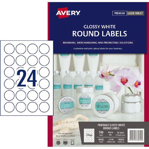 Avery Glossy Round Labels White 40mm diameter 240 Labels