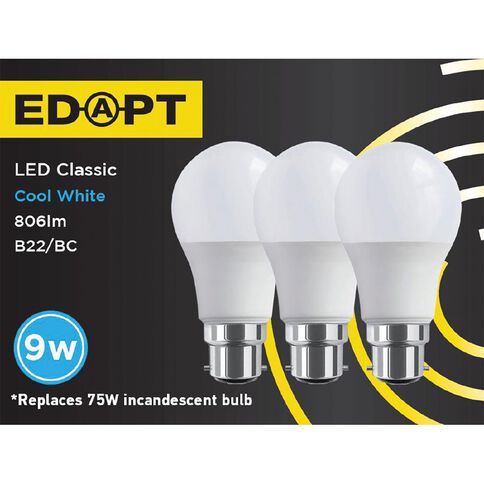 Edapt LED B22 Classic Light Bulb 9W Cool White 3 Pack