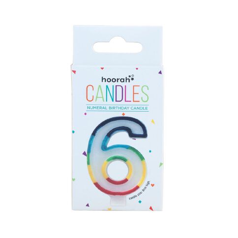 Hoorah Numeral Candle 6 Rainbow Border 80mm x 10mm White