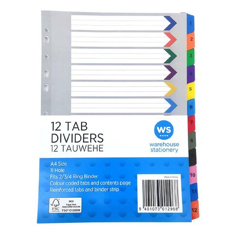 WS 1-12 Tab Coloured Dividers Multi-Coloured