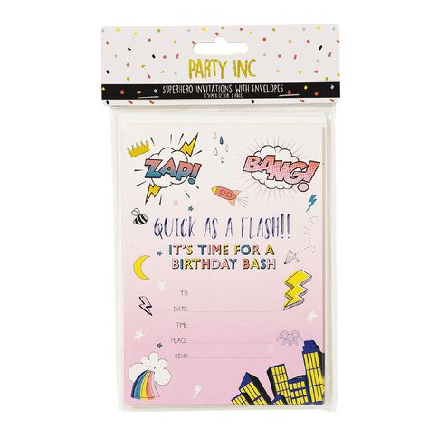 Party Inc Superhero Invitations with Envelopes 17.5cm x 12.5cm 8 Pack