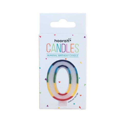 Hoorah Numeral Candle 0 Rainbow Border 80mm x 10mm White
