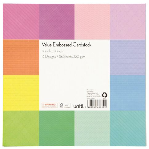 Uniti Value Cardstock Embossed 12in x 12in 36 Sheets Assorted