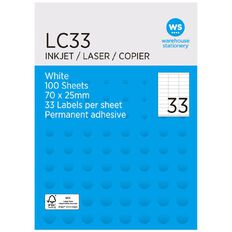 WS Labels 100 Sheets A4  33 x 70mm x 25mm