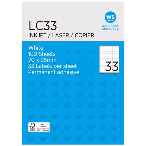WS Labels 100 Sheets A4 33 x 70mm x 25mm