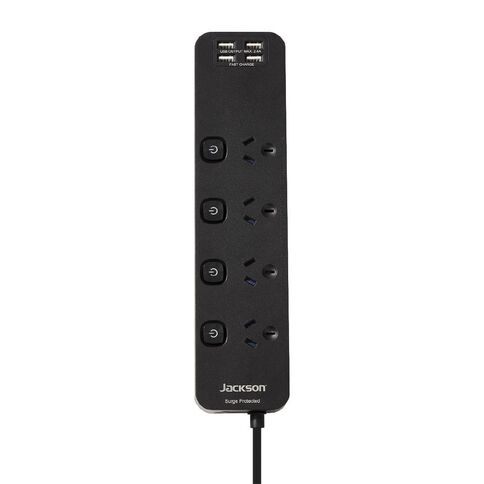 Jackson Surge Protected Powerboard - Switched 4 Outlet Black