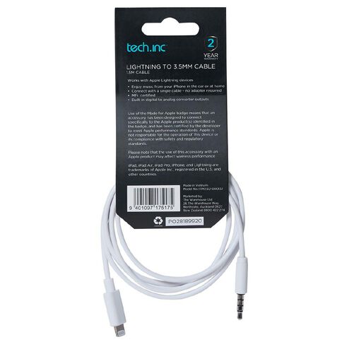 Tech.Inc Lightning to 3.5mm AUX Cable 1.5m White