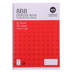 WS Exercise Book 8B8 7mm Ruled Spiral 50 Leaf Wiro Red
