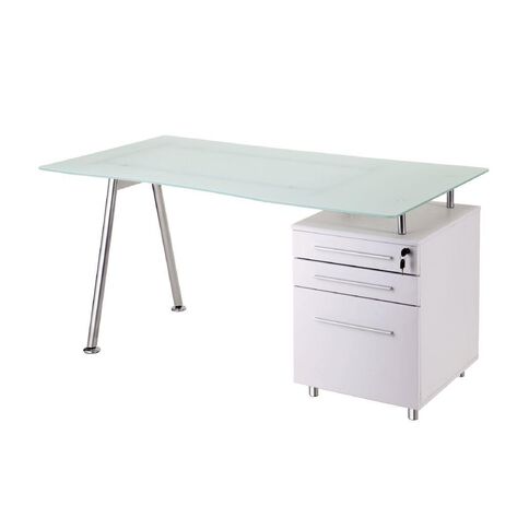 Workspace 3 Drawer Glass Desk White Silver Warehouse Stationery Nz