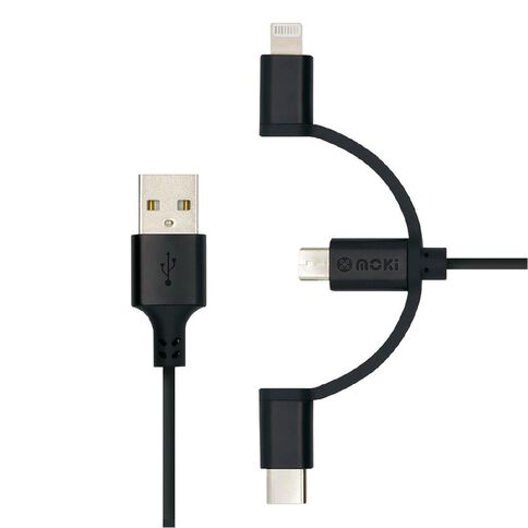 Moki 3-in-1 MicroUSB Type-C Lightning to USB A SynCharge Cable 1m