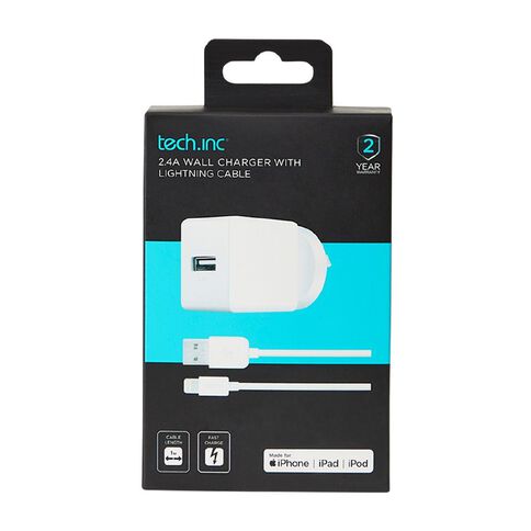 Tech.Inc 2.4A Wall Charger with Lightning Cable 1M White