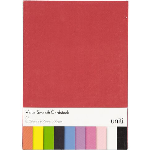 Uniti Value Cardstock Smooth 220gsm Bright's 60 Sheets Assorted A4