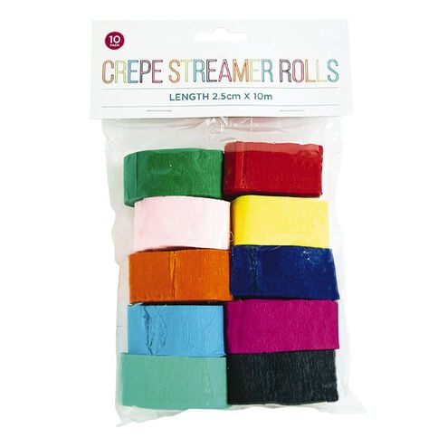 Crepe Streamer Rolls 2.5cm x 10m 10 Pack Multi-Coloured