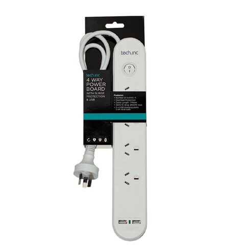 Tech.Inc 4 Way Powerboard with Surge Protection & USB