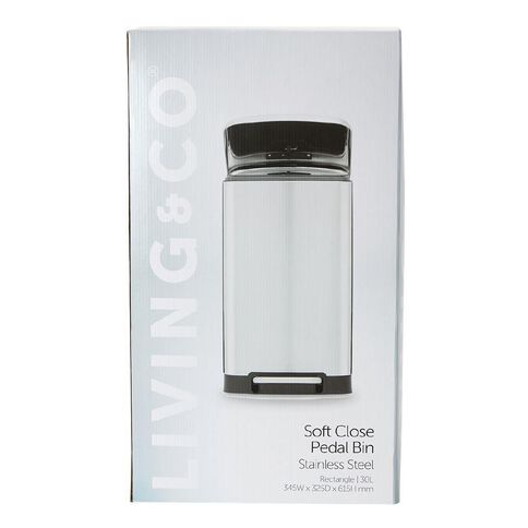 Living & Co Soft Close Pedal Bin Stainless Steel Rectangle Silver 30L