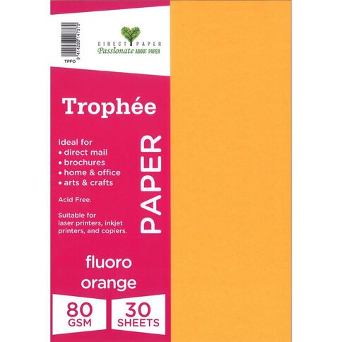 Trophee Paper 80gsm Fluoro Orange A4 30 Pack