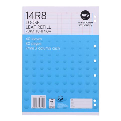 WS Pad Refill 14R8 7mm 3 Column Cash Ruled 40 Leaf Punched