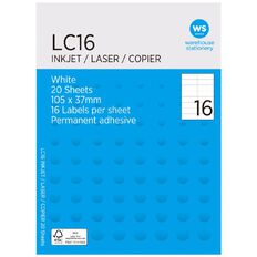WS A4 16 Labels 20 Sheets White 105mm x 37mm