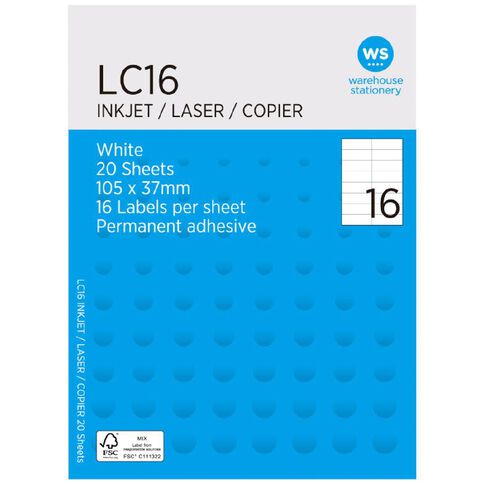 WS A4 16 Labels 20 Sheets White 105mm x 37mm