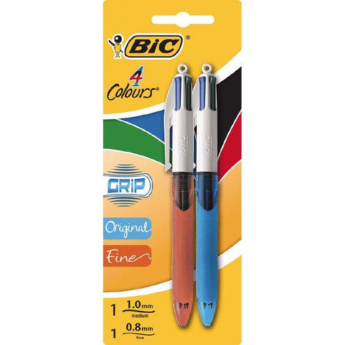 Bic 4 Colour Pen with Grip Fine or Medium Multi-Coloured 2 Pack