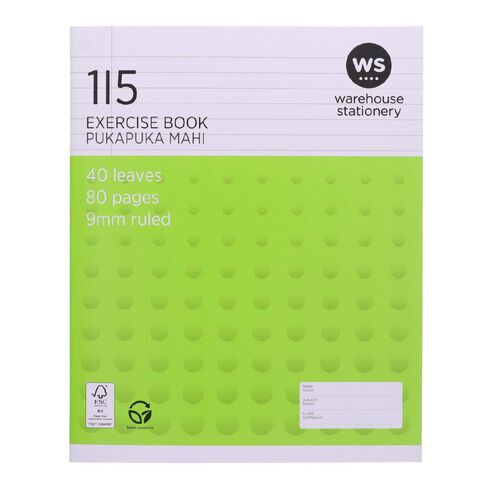 WS Exercise Book 1I5 9mm Ruled 40 Leaf Green Mid