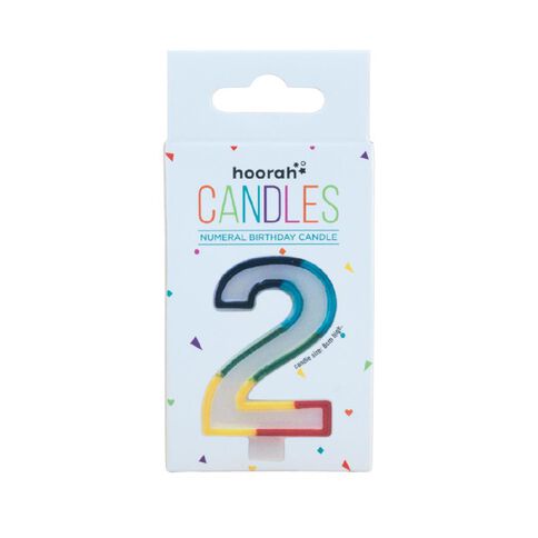 Hoorah Numeral Candle 2 Rainbow Border 80mm x 10mm White