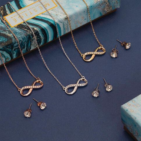 Mestige Gold Plated Swarovski Crystal Infinity Necklace & Earrings Set