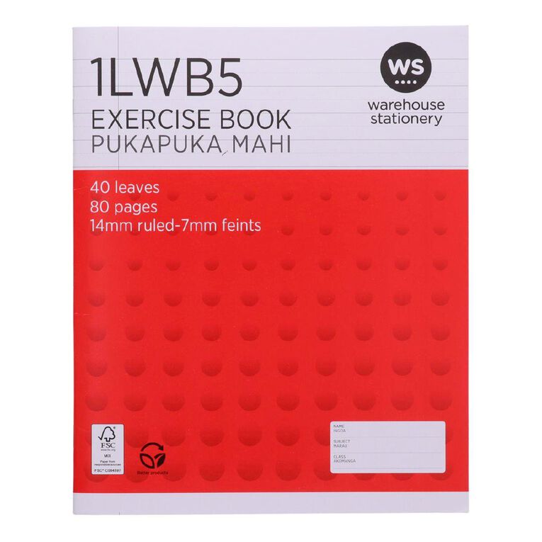 WS Exercise Book 1LWB5 7mm/14mm Ruled 40 Leaf Red