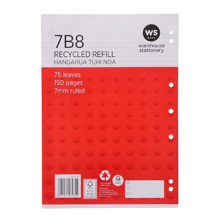 WS Pad Refill 7B8 A4 7mm Ruled 75 Leaf Punched Red