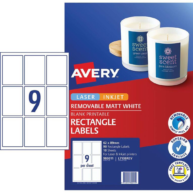 Avery Removable Matt Rectangle Labels 62 x 89 mm 90 Labels