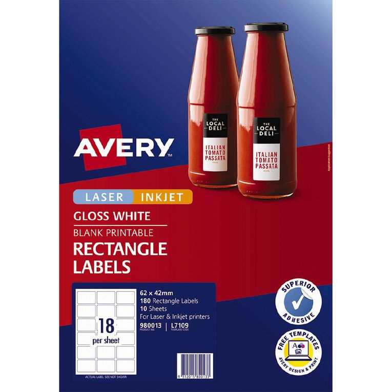 Avery Rectangular Glossy Labels White 10 Pack 180 labels