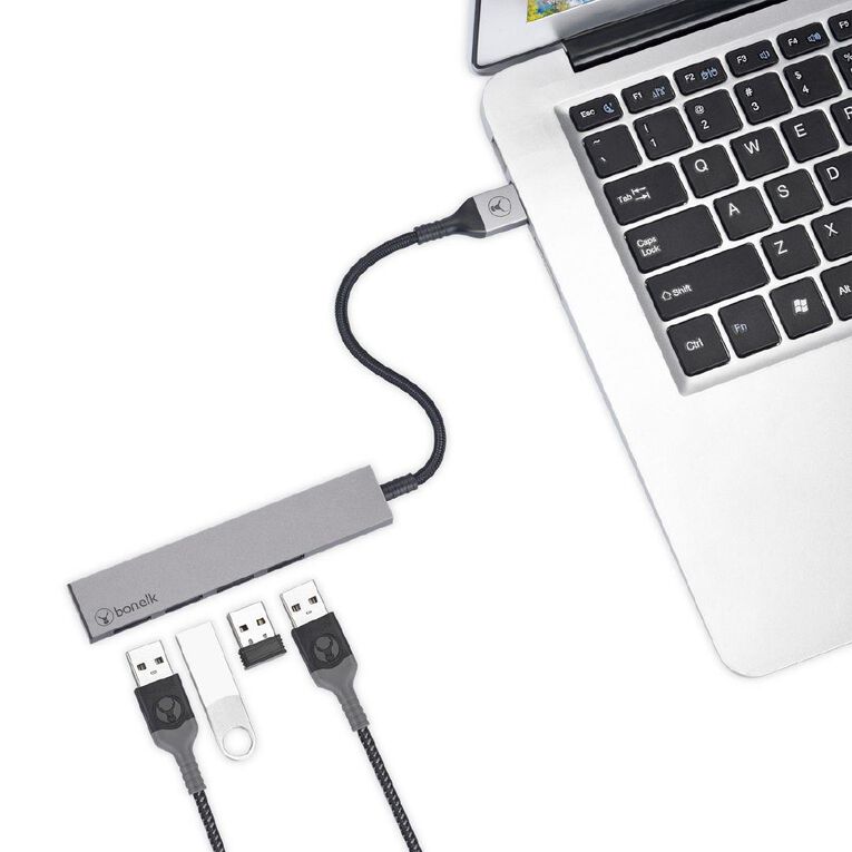 Bonelk Long Life USB A to 4 Port USB 3.0 Slim Hub Space Grey Grey