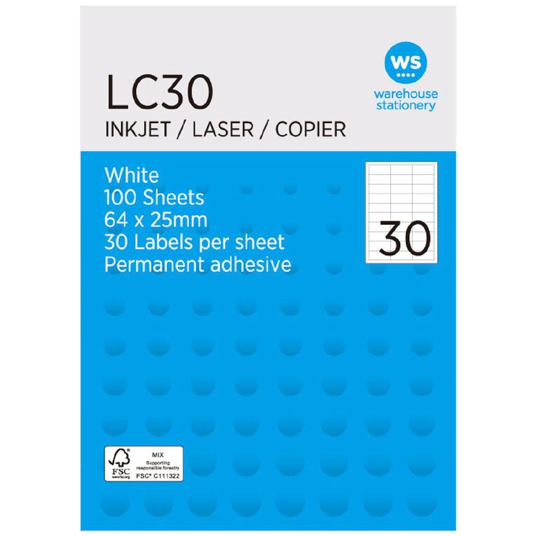WS Labels 100 Sheets A4  30 x 64mm x 25mm