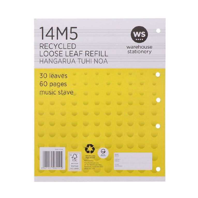 WS Pad Refill 14M5 Music Stave 30 Leaf Punched Yellow
