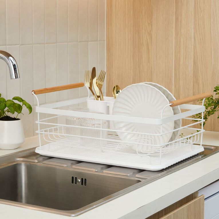 Living & Co Dish Rack with Wooden Handles White