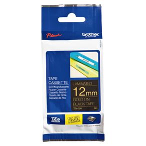 Brother TZE334 Laminated Tape Gold On Black 12mm x 8m