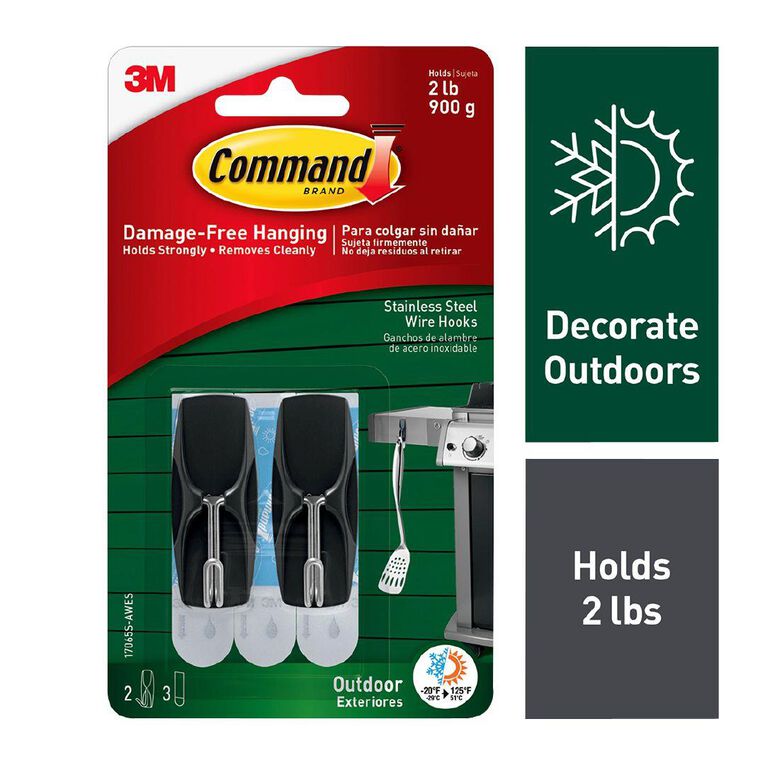 Command Outdoor Stainless Steel Wire Hooks 2 Hooks and 3 Strips Pack