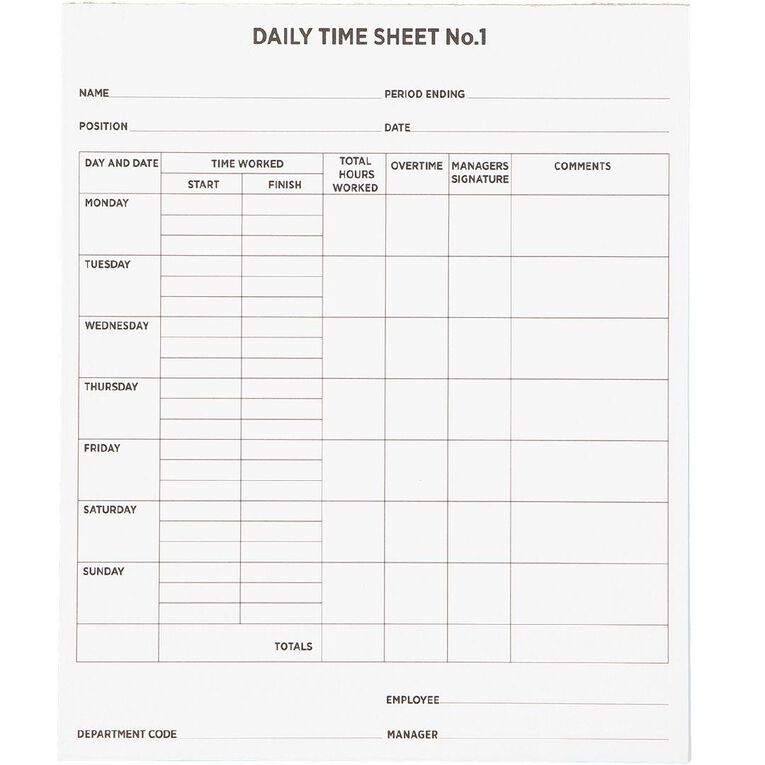 WS Time Sheets 50 Sheets 200mm x 240mm