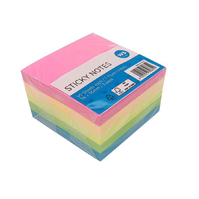 WS Sticky Notes 76mm x 76mm Multi-Coloured 90 Sheet 5 Pack