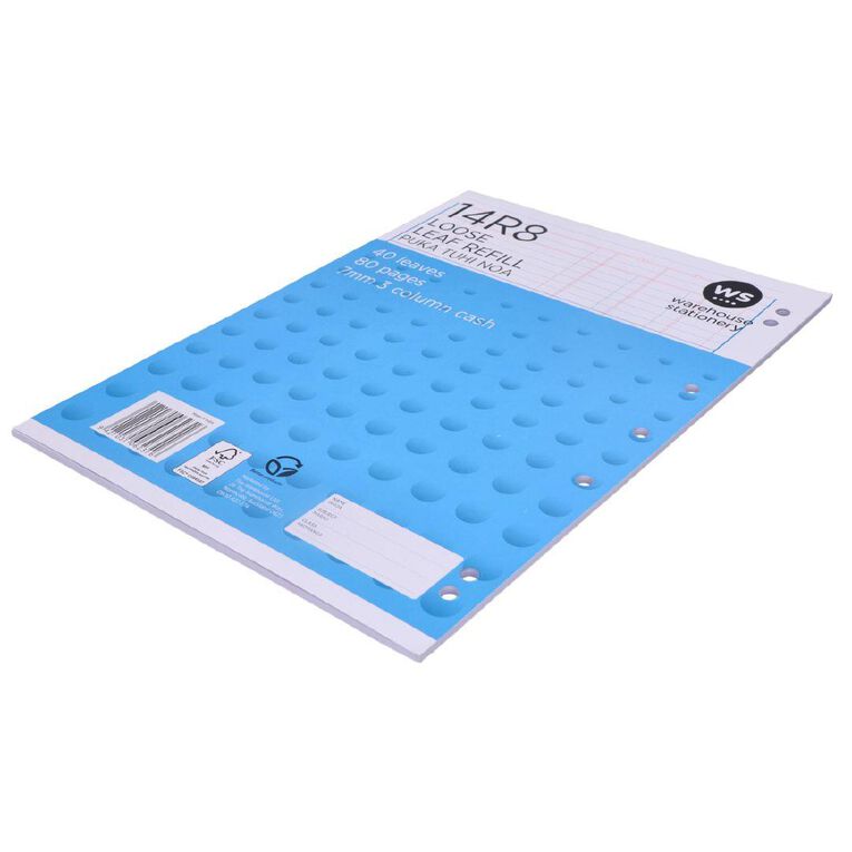 WS Pad Refill 14R8 7mm 3 Column Cash Ruled 40 Leaf Punched Blue