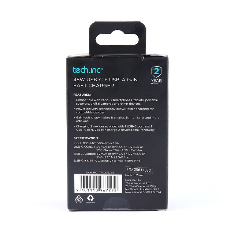 Tech.Inc 45W USB-C + USB-A GaN Fast Charger