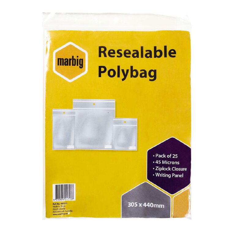 Marbig Resealable Polybags 305x440mm W/Writing Panel 25 Pack